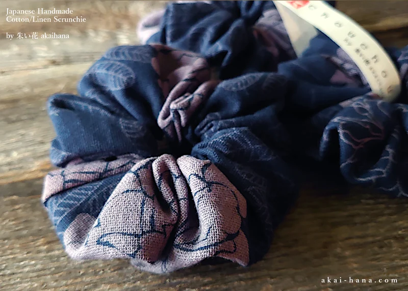 Japanese Handmade Scrunchies, Purple Dyed Floral from Thailand, scjf0088