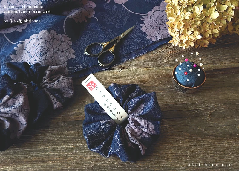 Japanese Handmade Scrunchies, Purple Dyed Floral from Thailand, scjf0088