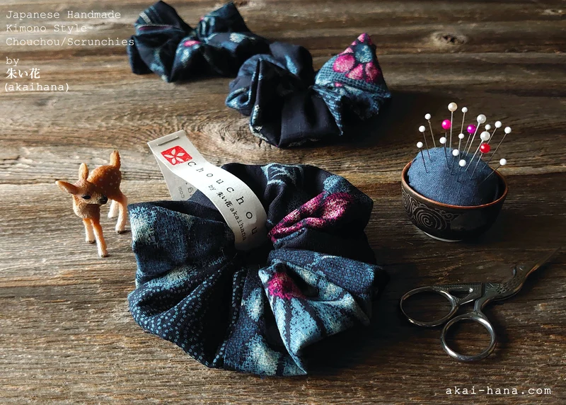 Handmade Kimono style Scrunchies, Aizome Style, 100% Japanese cotton, scjf0037