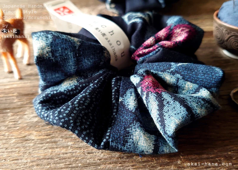 Handmade Kimono style Scrunchies, Aizome Style, 100% Japanese cotton, scjf0037