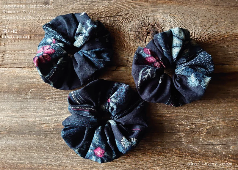 Handmade Kimono style Scrunchies, Aizome Style, 100% Japanese cotton, scjf0037