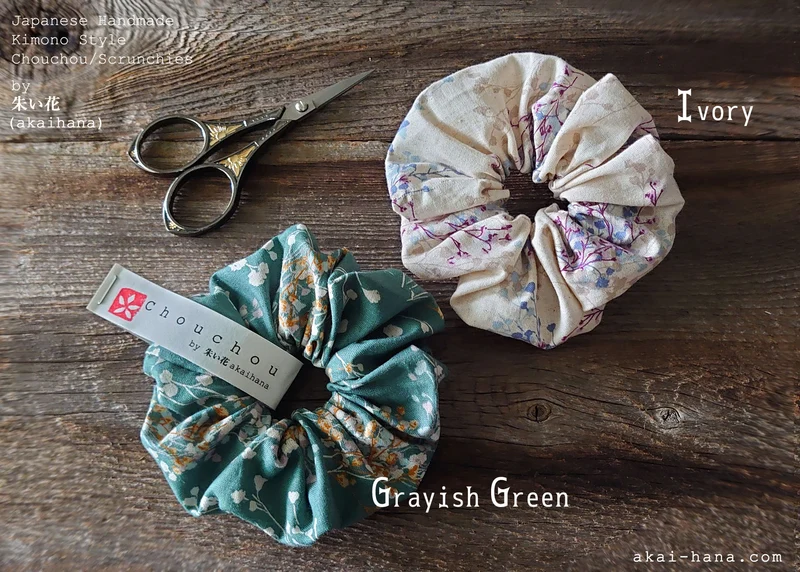 Japanese Handmade Cotton Linen Scrunchies, Flower Bouquet, Ivory