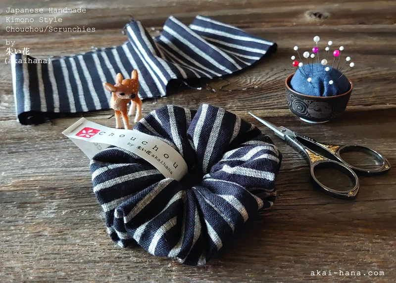 Japanese Handmade Kimono Style Scrunchies, Kyoto Hand Silkscreen, Bamboo