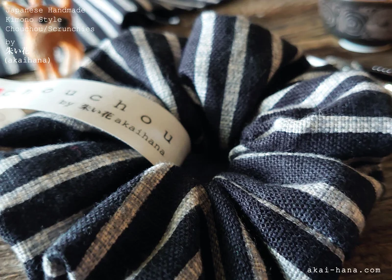 Japanese Handmade Kimono Style Scrunchies, Kyoto Hand Silkscreen, Bamboo