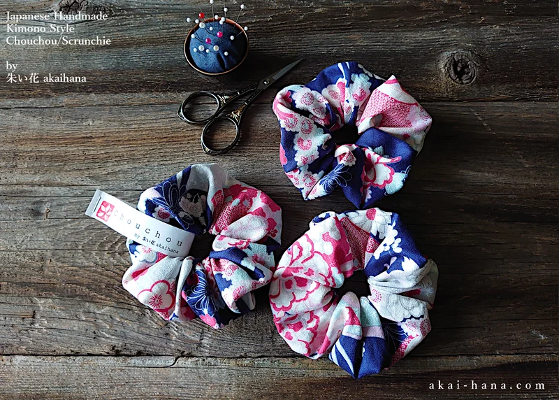 Japanese Handmade Kimono style Scrunchies, Miyabi Navy, 2 sizes, scjf0014