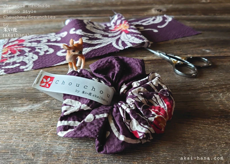 Japanese Handmade Kimono style Scrunchies, Chrysanthemum Azuki Purple, scjf0071