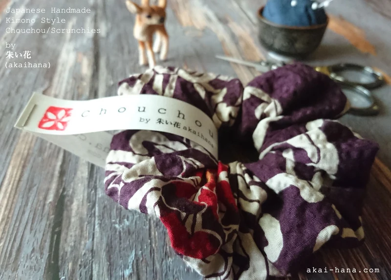 Japanese Handmade Kimono style Scrunchies, Chrysanthemum Azuki Purple, scjf0071