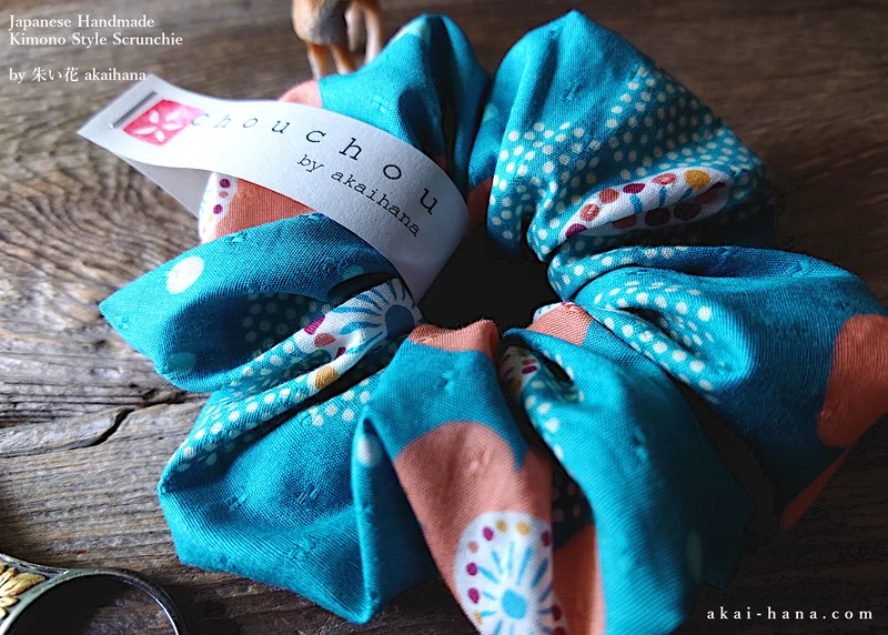 Japanese Handmade Scrunchies, Aqua Floral, scjf0056