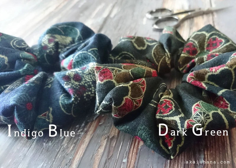 Japanese Handmade Kimono style Scrunchies, Vintage Floral, Dark Green, scjf0046