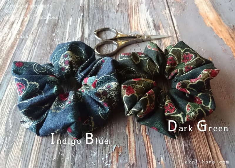 Japanese Handmade Kimono style Scrunchies, Vintage Floral, Dark Green, scjf0046