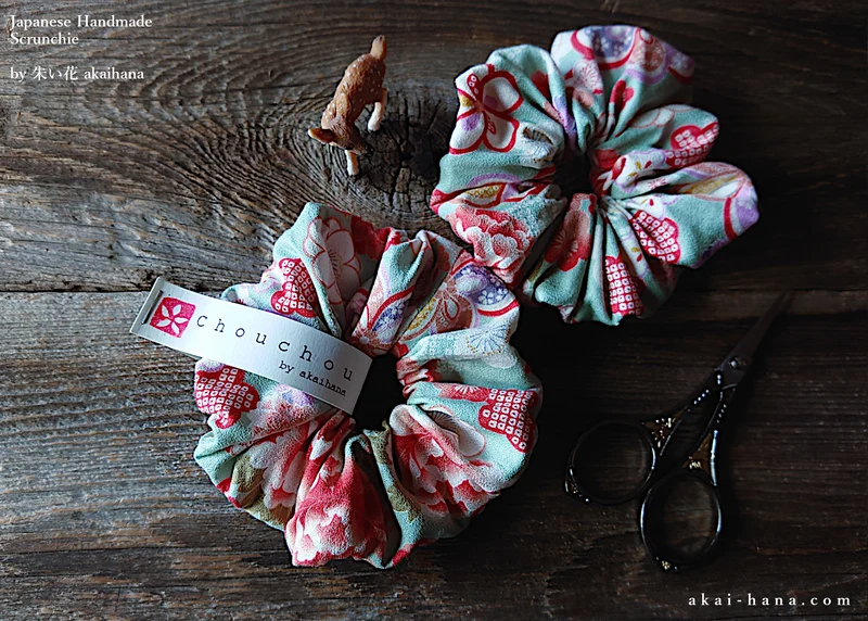 Japanese Handmade Kimono Style Scrunchies, Hikita Hanaguruma Celadon ⦿scjf0058