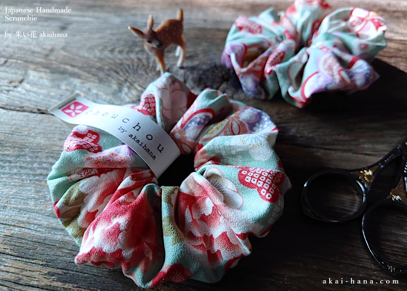 Japanese Handmade Kimono Style Scrunchies, Hikita Hanaguruma Celadon ⦿scjf0058