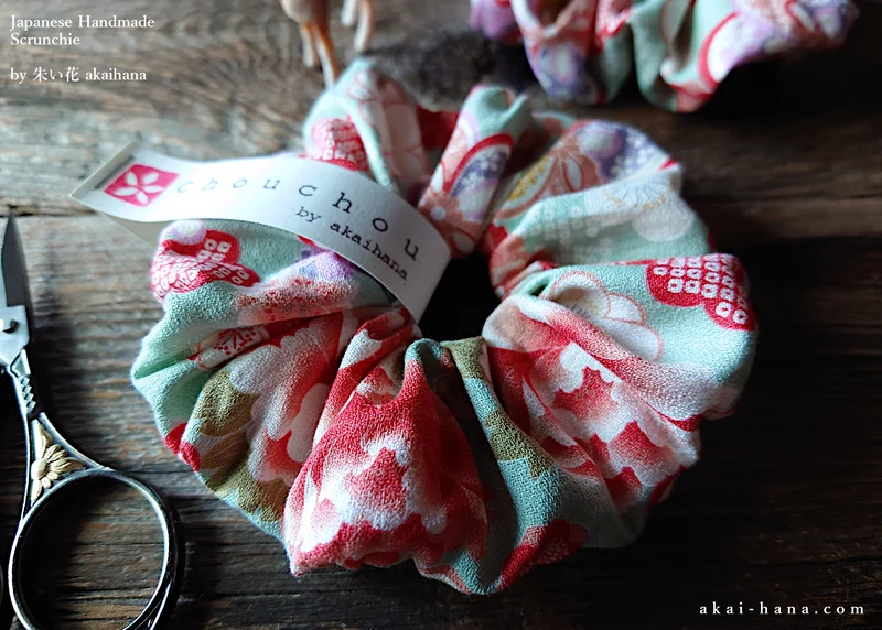 Japanese Handmade Kimono Style Scrunchies, Hikita Hanaguruma Celadon ⦿scjf0058