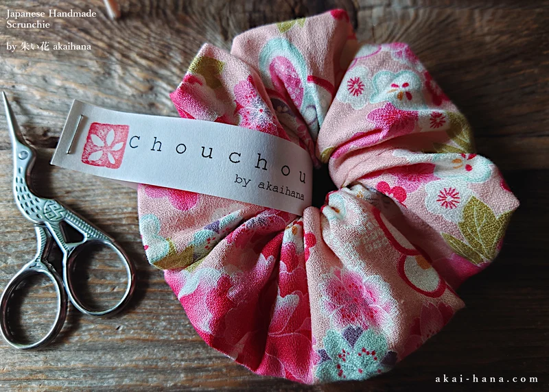 Japanese Handmade Kimono Style Scrunchies, Hikita Hanaguruma Pink ⦿scjf0060