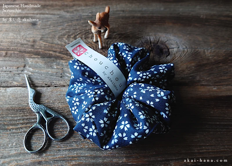 Japanese Handmade Kimono Style Scrunchies, Tiny Sakura Navy, scjf0062