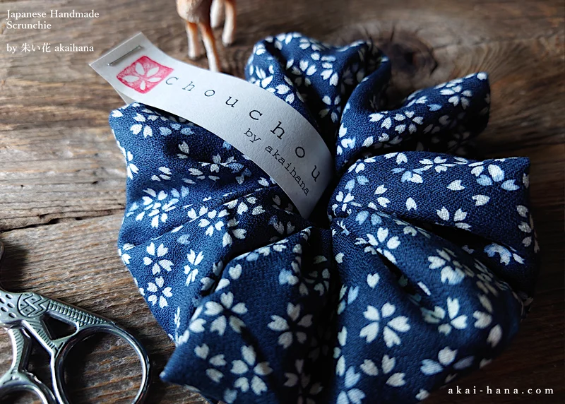 Japanese Handmade Kimono Style Scrunchies, Tiny Sakura Navy, scjf0062
