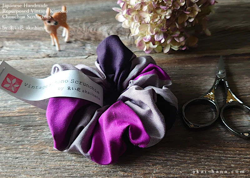 Vintage Kimono Scrunchies, Purple x Gray, Japanese Handmade scvk0012