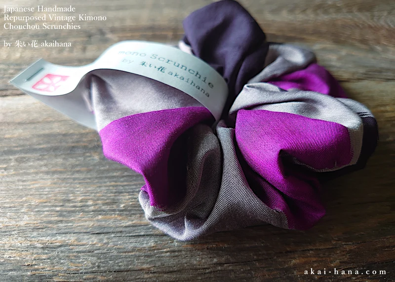 Vintage Kimono Scrunchies, Purple x Gray, Japanese Handmade scvk0012