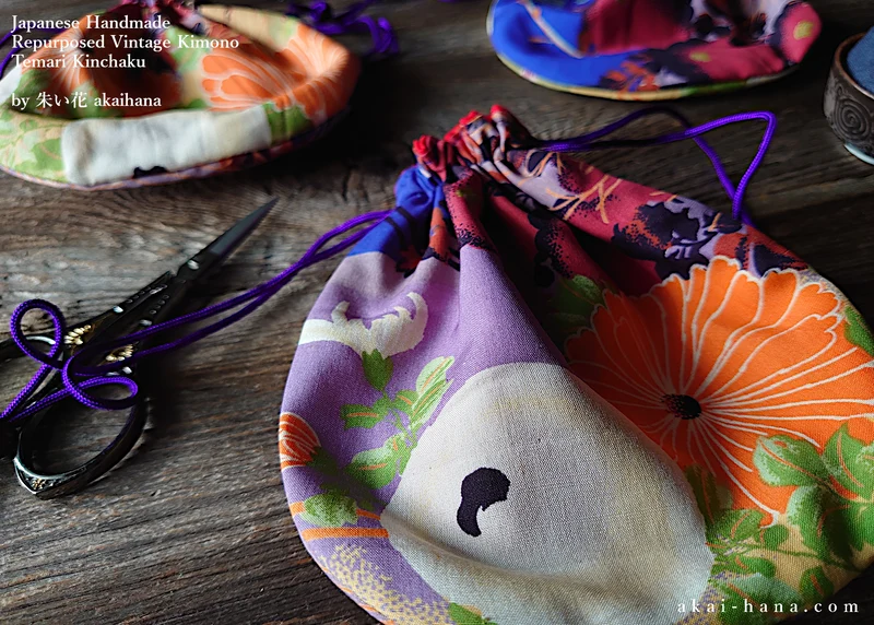 Repurposed Vintage Kimono Temari Kinchaku Purse, tkvk0008