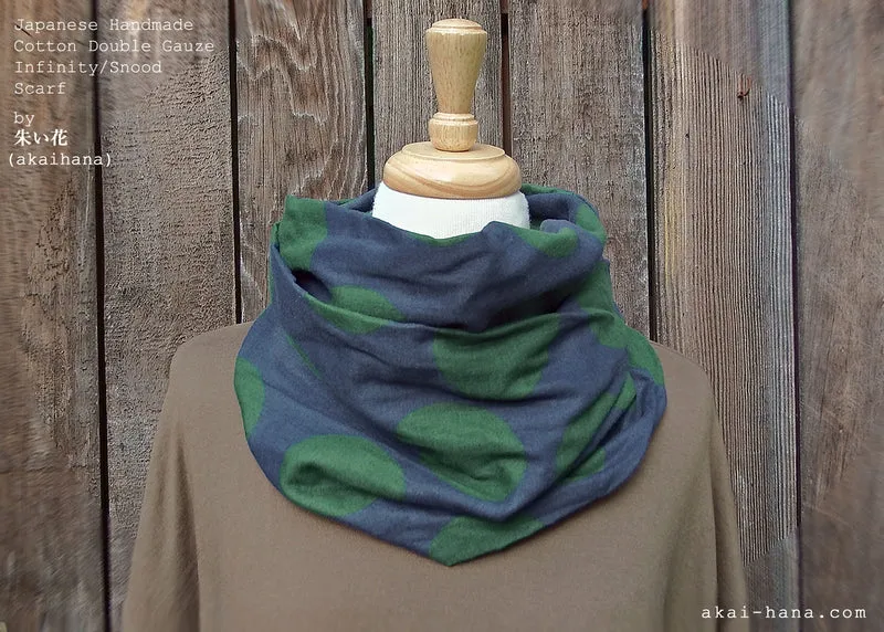 Japanese Handmade Infinity Scarf, Cotton Double Gauze, Polkadots Smoky Blue Gray x Forest Green ⦿sinf0032