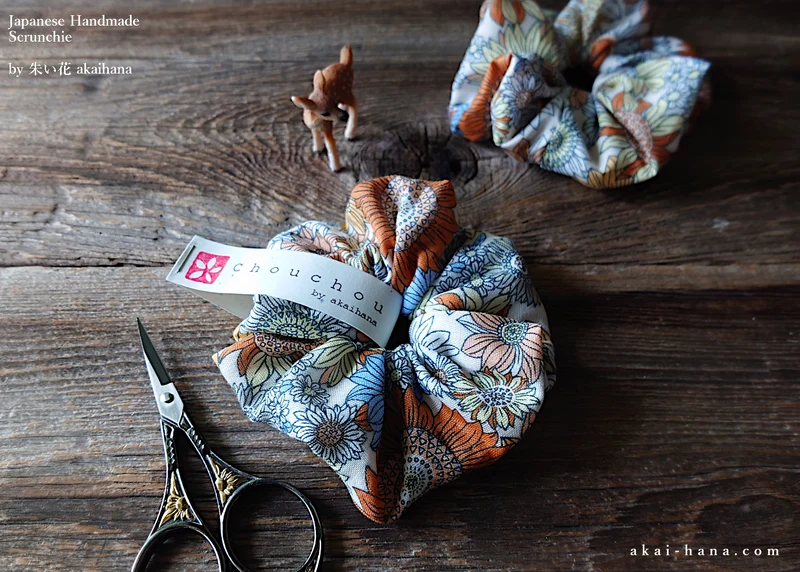 Japanese Handmade Double Gauze Scrunchies, Flower Garden Yellow ⦿scjf0081