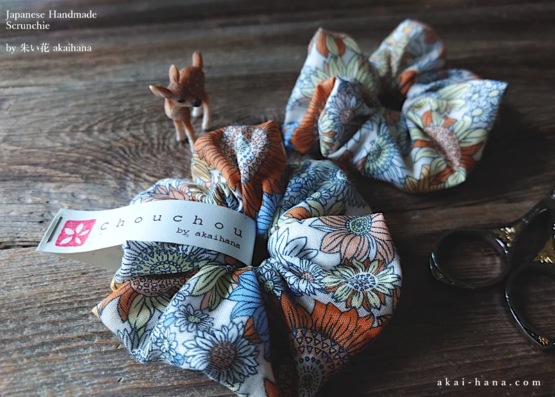 Japanese Handmade Double Gauze Scrunchies, Flower Garden Yellow ⦿scjf0081