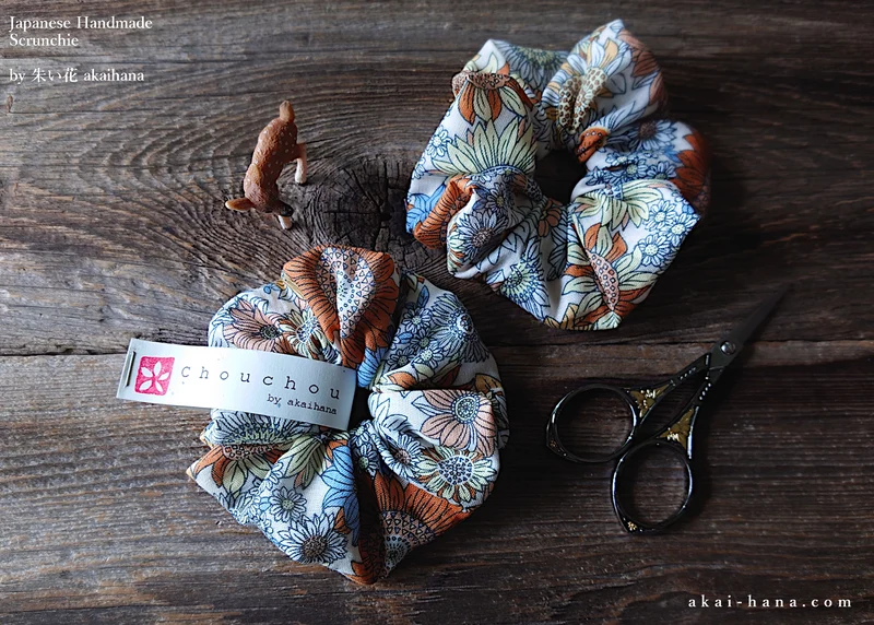 Japanese Handmade Double Gauze Scrunchies, Flower Garden Yellow ⦿scjf0081