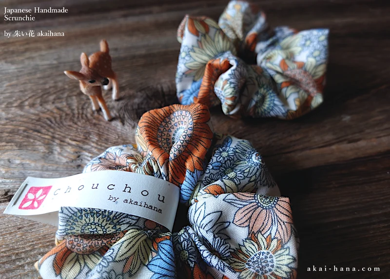 Japanese Handmade Double Gauze Scrunchies, Flower Garden Yellow ⦿scjf0081