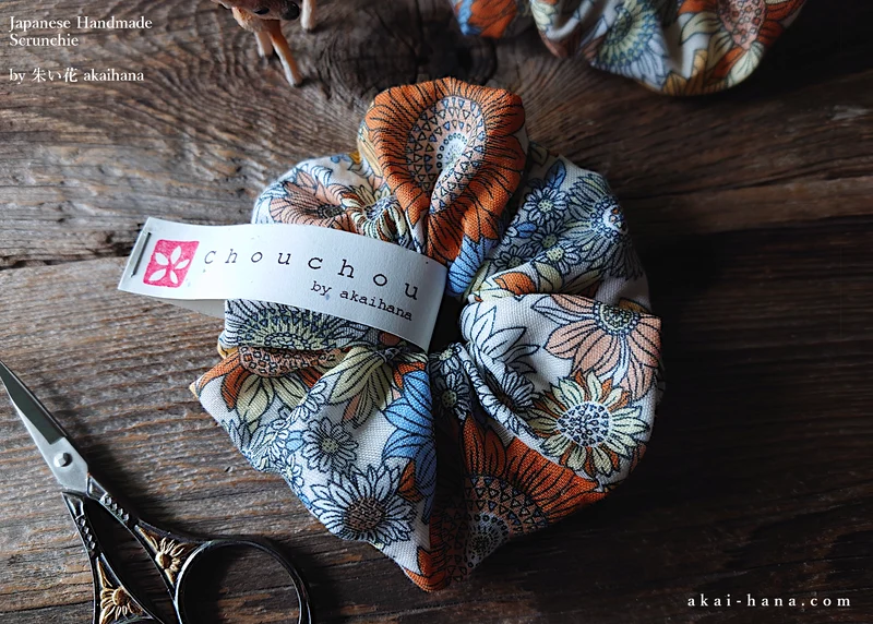 Japanese Handmade Double Gauze Scrunchies, Flower Garden Yellow ⦿scjf0081