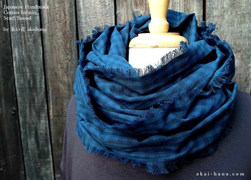 Japanese Handmade Infinity Snood Scarf, Block Check Navy, sif0035