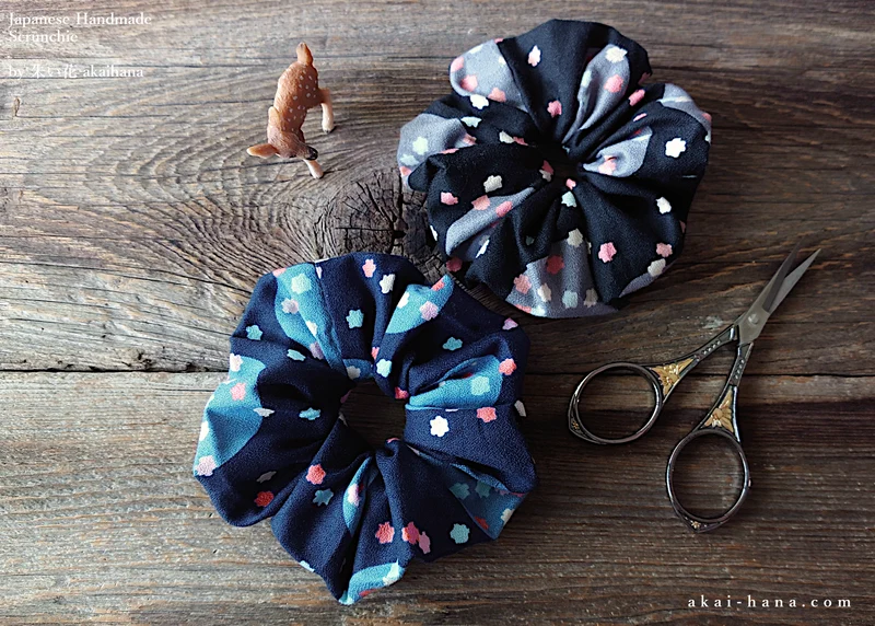 Japanese Handmade Kimono style Scrunchies, Konpeitō (confetto) Black ⦿scjf0030