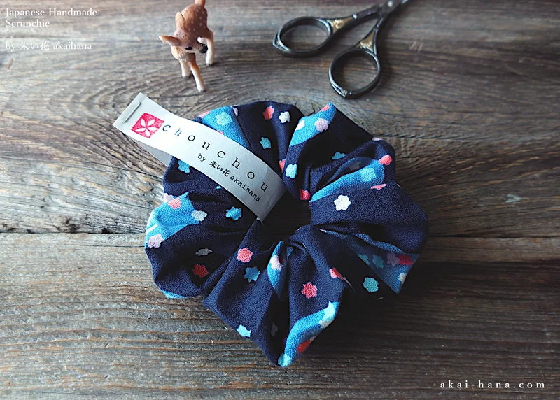 Japanese Handmade Kimono style Scrunchies, Konpeitō (confeito) Navy ⦿scjf0029