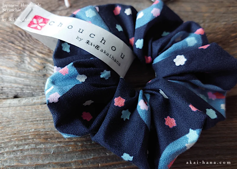 Japanese Handmade Kimono style Scrunchies, Konpeitō (confeito) Navy ⦿scjf0029