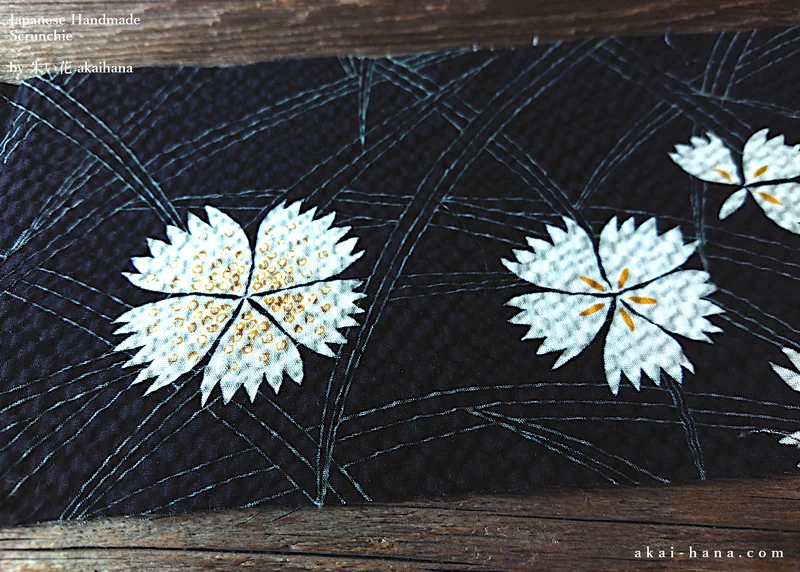 Japanese Handmade Kimono style Scrunchies, Kuro Nadeshiko, Black Dianthus ⦿scjf0068