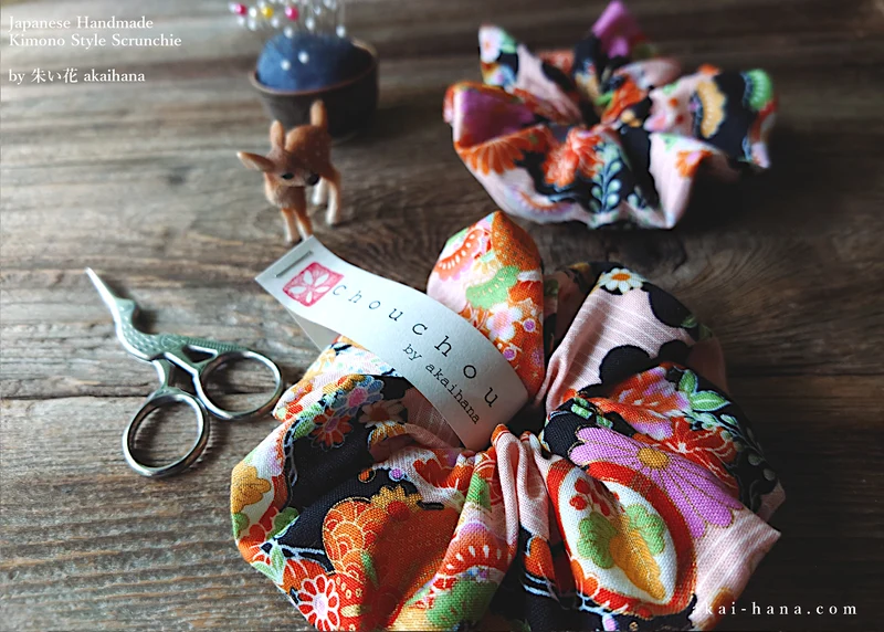 Japanese Handmade Kimono Style Scrunchies, Hana Kenran ⦿scjf0013