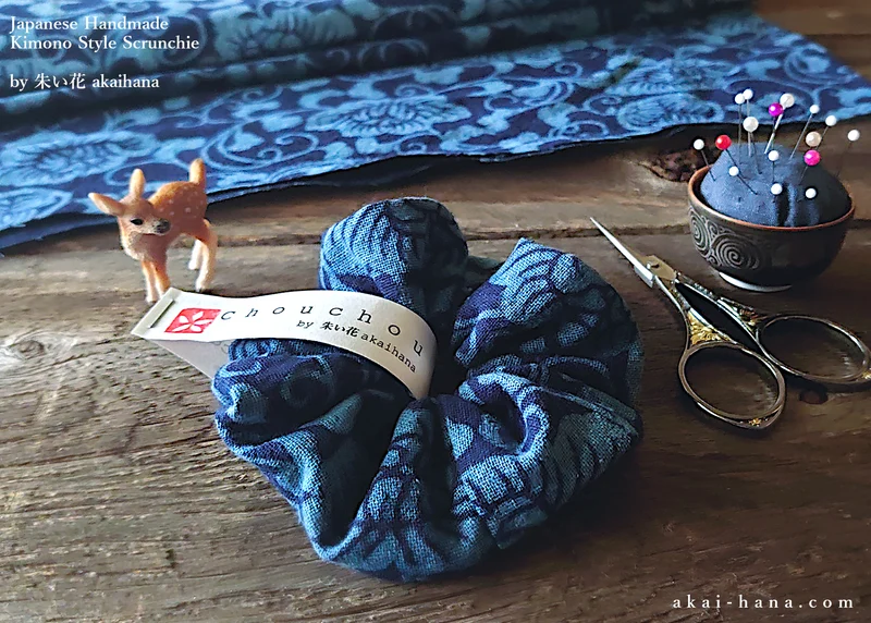 Japanese Handmade Kimono Style Scrunchies, Aizome Indigo Dyed