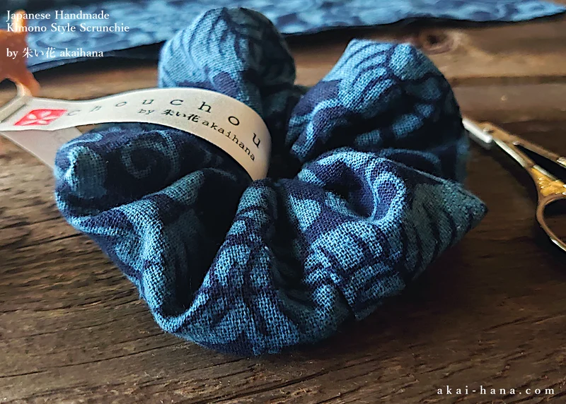Japanese Handmade Kimono Style Scrunchies, Aizome Indigo Dyed