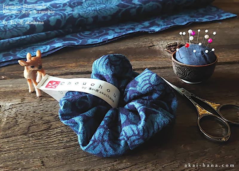 Japanese Handmade Kimono Style Scrunchies, Aizome Indigo Dyed