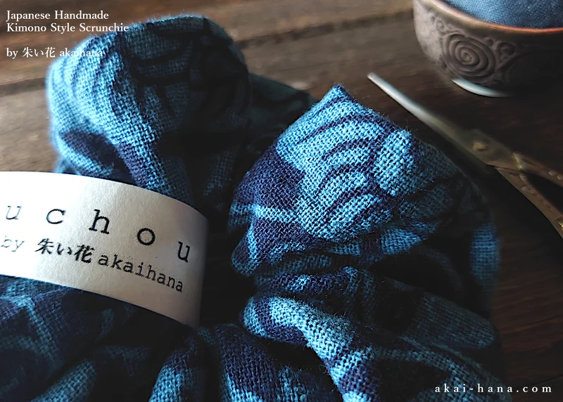 Japanese Handmade Kimono Style Scrunchies, Aizome Indigo Dyed