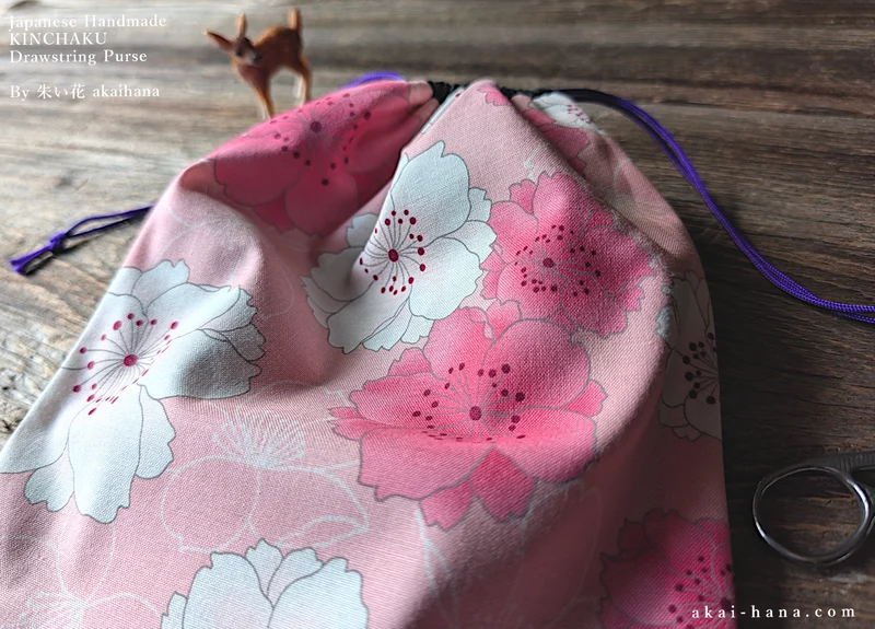 Wagara Kinchaku Drawstring Purse, Sakura Pink, Large W20cm x H25cm (8" x 9 3/4") ⦿kpjf0022