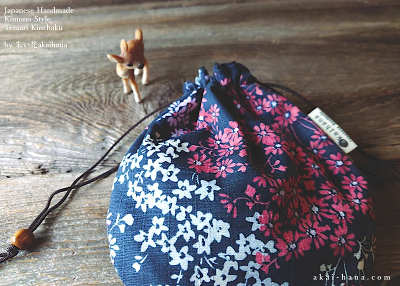 Japanese Handmade Temari Kinchaku Purse, Kusabana Monyou Navy, tkjp0014