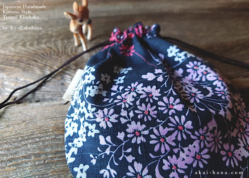 Japanese Handmade Temari Kinchaku Purse, Kusabana Monyou Navy, tkjp0014