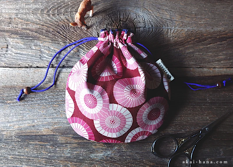 Japanese Handmade Temari Kinchaku Purse, Wagasa (Japanese Umbrella) ⦿tkjp0011