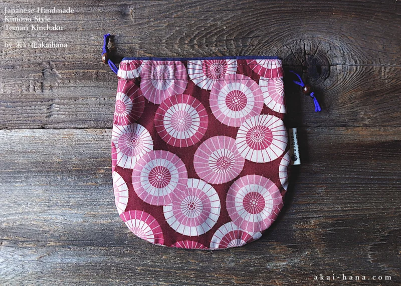 Japanese Handmade Temari Kinchaku Purse, Wagasa (Japanese Umbrella) ⦿tkjp0011