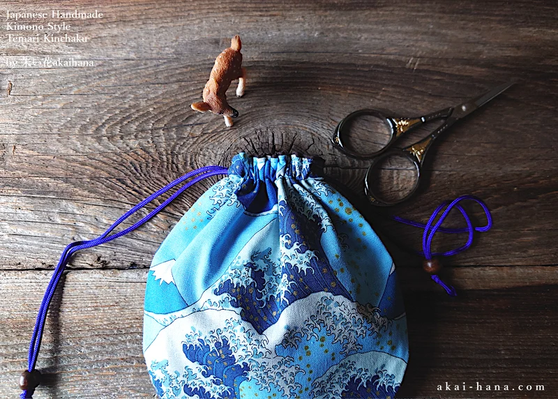Japanese Handmade Temari Kinchaku Purse, Nami to Fujisan (Wave and Mt Fuji) ⦿tkjp0009