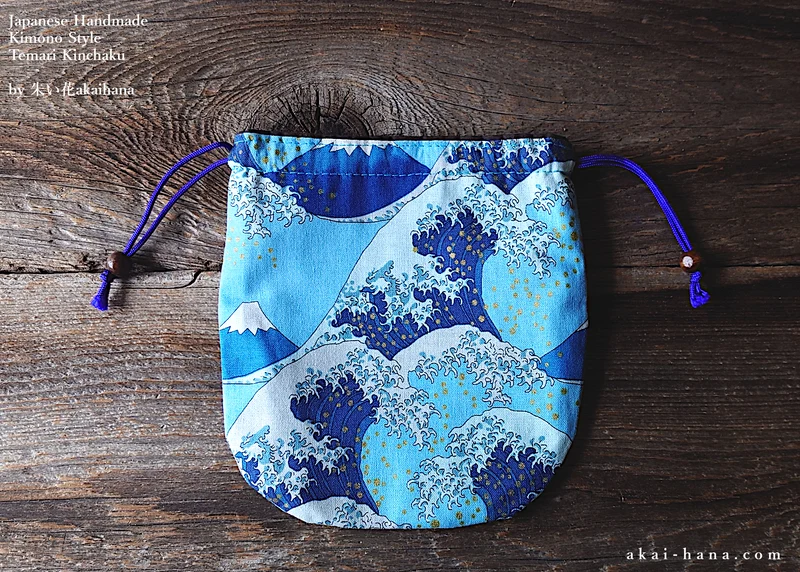Japanese Handmade Temari Kinchaku Purse, Nami to Fujisan (Wave and Mt Fuji) ⦿tkjp0009