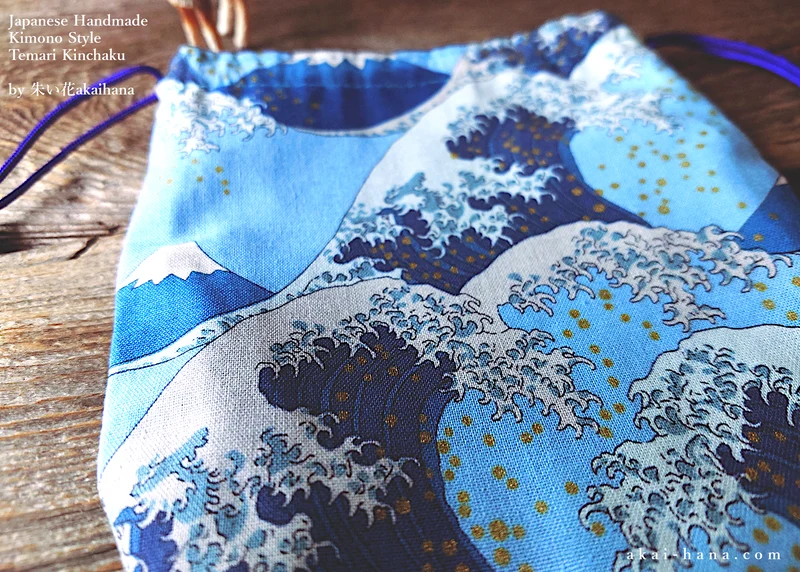 Japanese Handmade Temari Kinchaku Purse, Nami to Fujisan (Wave and Mt Fuji) ⦿tkjp0009