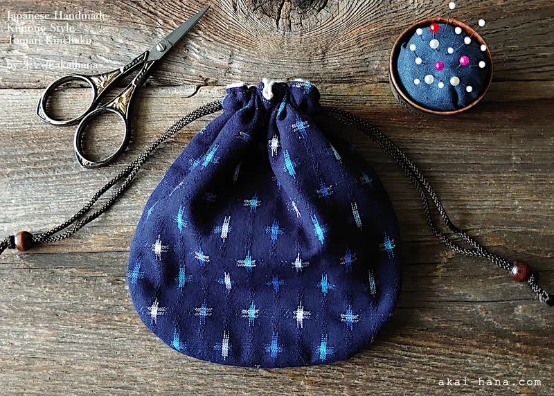 Japanese Handmade Temari Kinchaku Purse, Kurume Kasuri (Japanese Ikat), Blue Cross ⦿kpjf1015