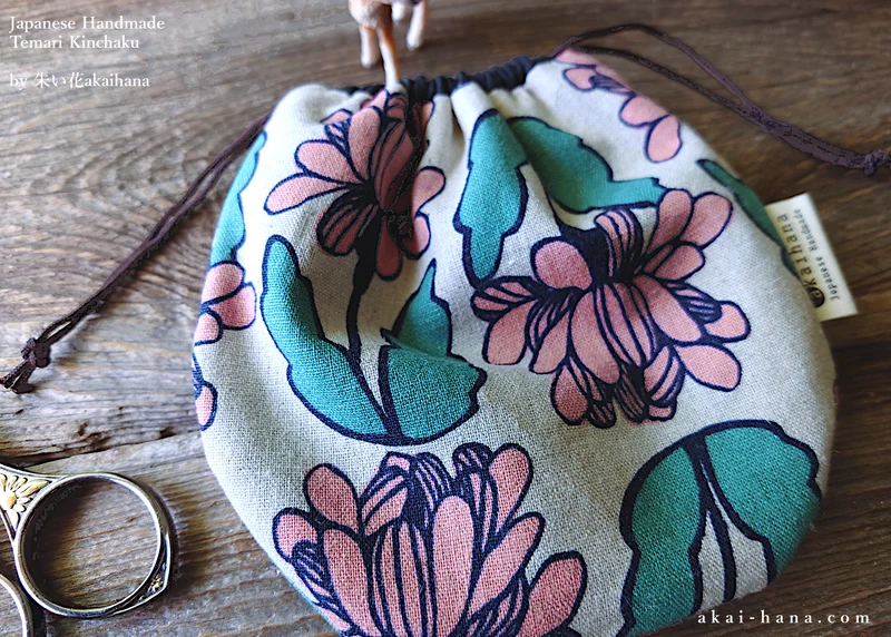 Japanese Handmade Temari Kinchaku (Drawstring) Purse, Floral Pink ⦿tkjp0022