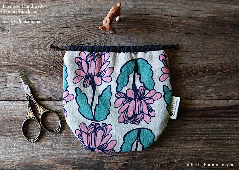 Japanese Handmade Temari Kinchaku (Drawstring) Purse, Floral Pink ⦿tkjp0022